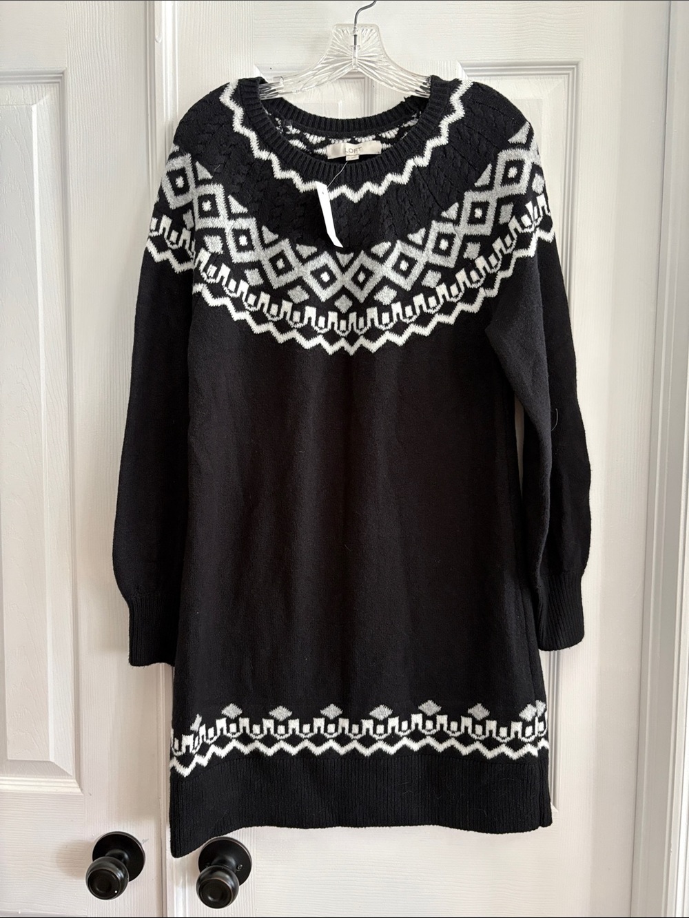 LOFT Black & White Fair Isle COZY stretchy long sleeve Sweater Dress NWT